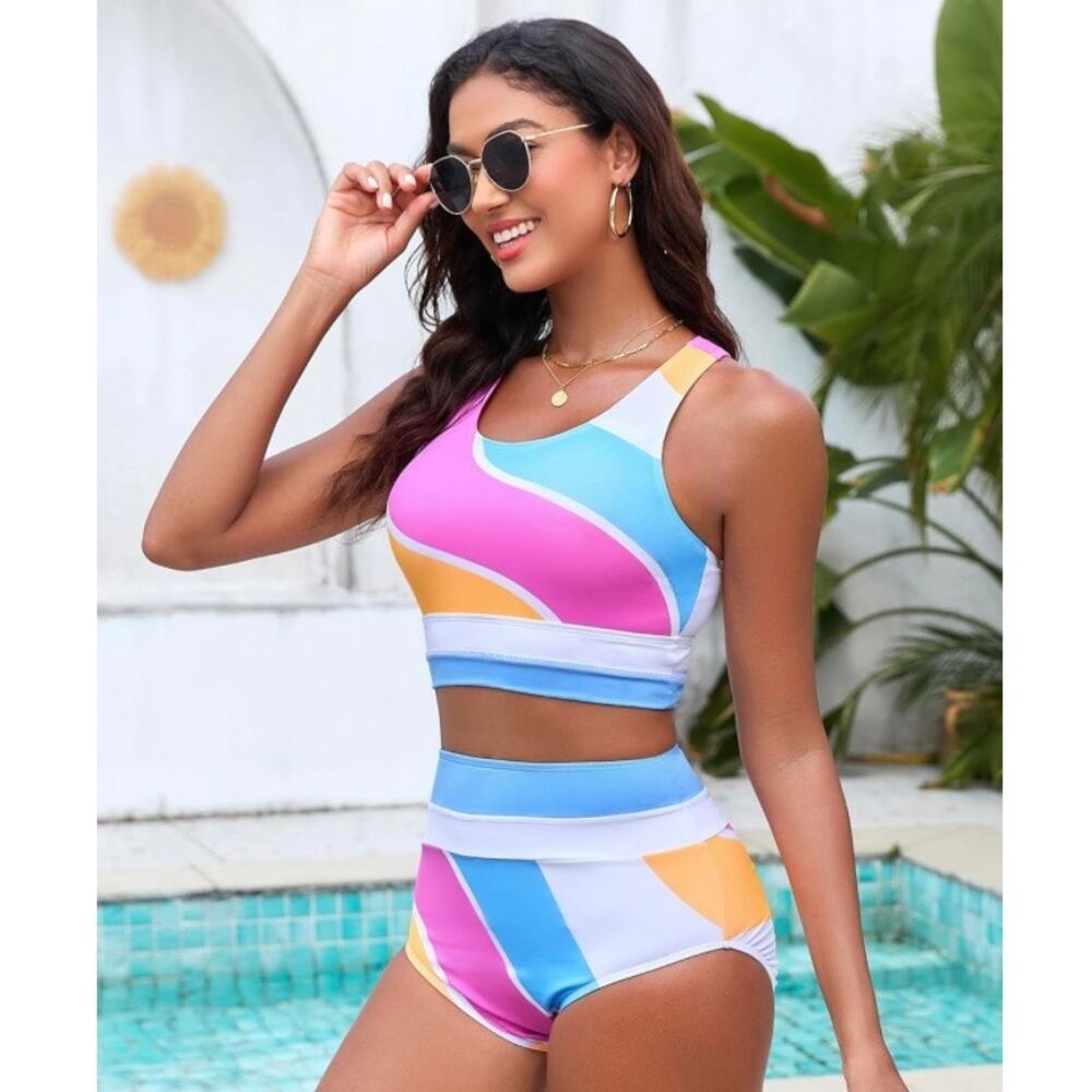Dipinon Women Pink Blue Colorblock Sporty Bikini Set High Waist Swim Size L NWT